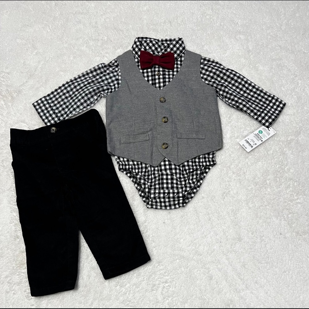 Carter's Gray and Black Checkered Baby Boy Set with Maroon Bow Tie